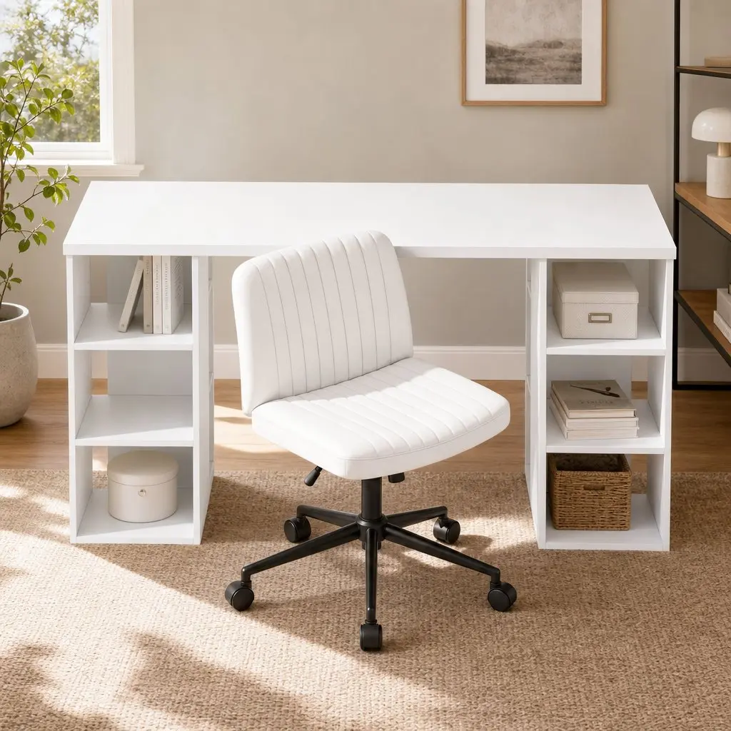 Office Desk and Chair Set Ergonomic 150cm White