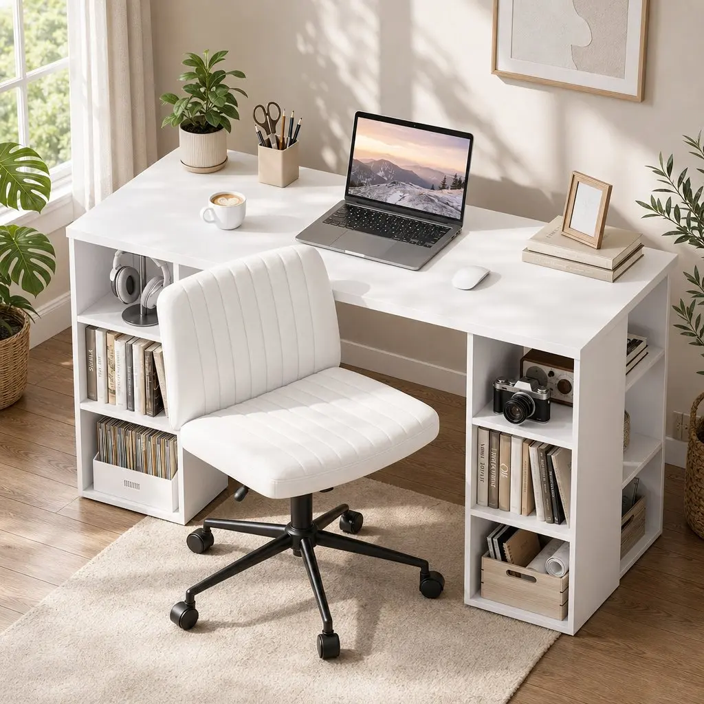 Office Desk and Chair Set Ergonomic 150cm White
