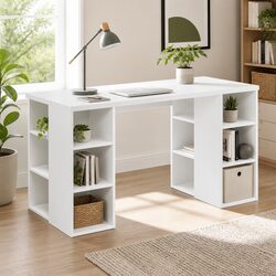 150CM White Computer Desk with Shelving Unit for Workspace