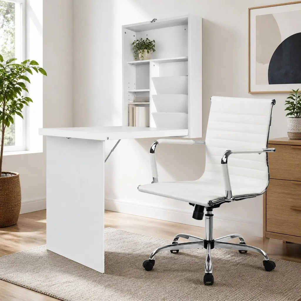 Foldable Computer Desk with Wall Mounted Storage and Office Chair Set White