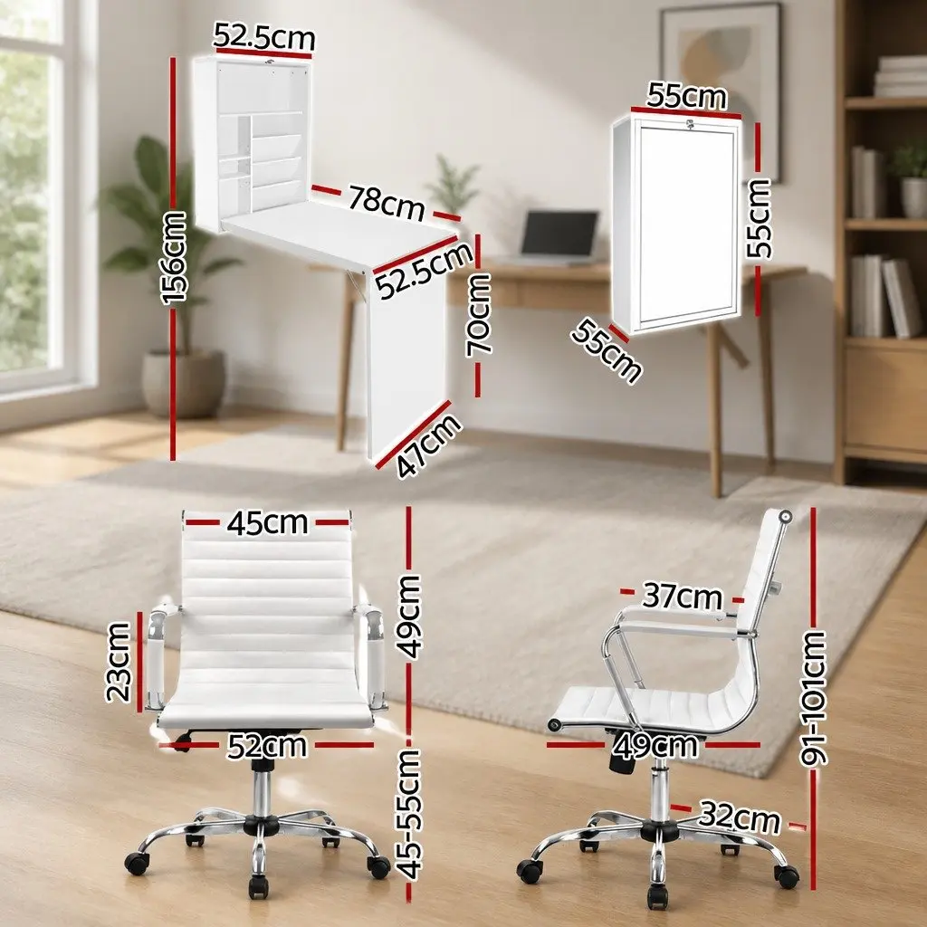 Foldable Computer Desk with Wall Mounted Storage and Office Chair Set White