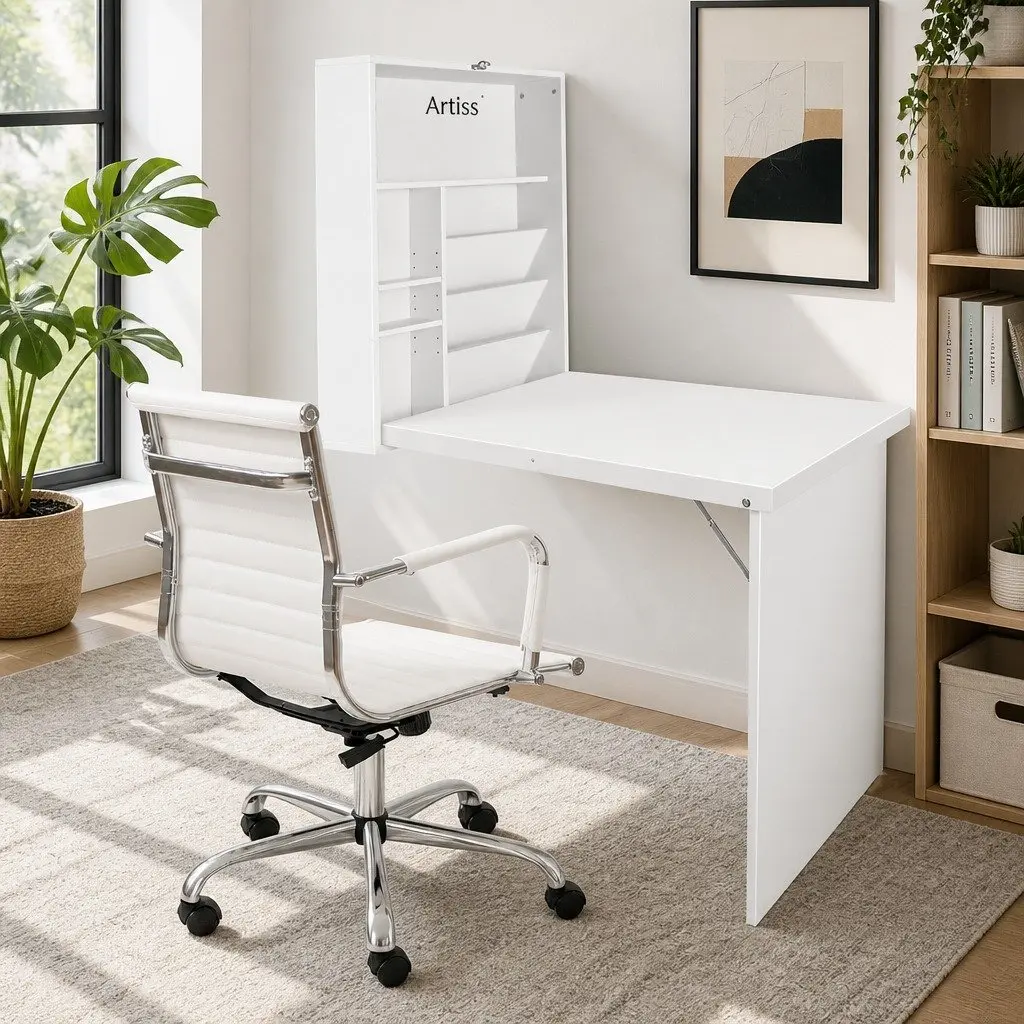 Foldable Computer Desk with Wall Mounted Storage and Office Chair Set White