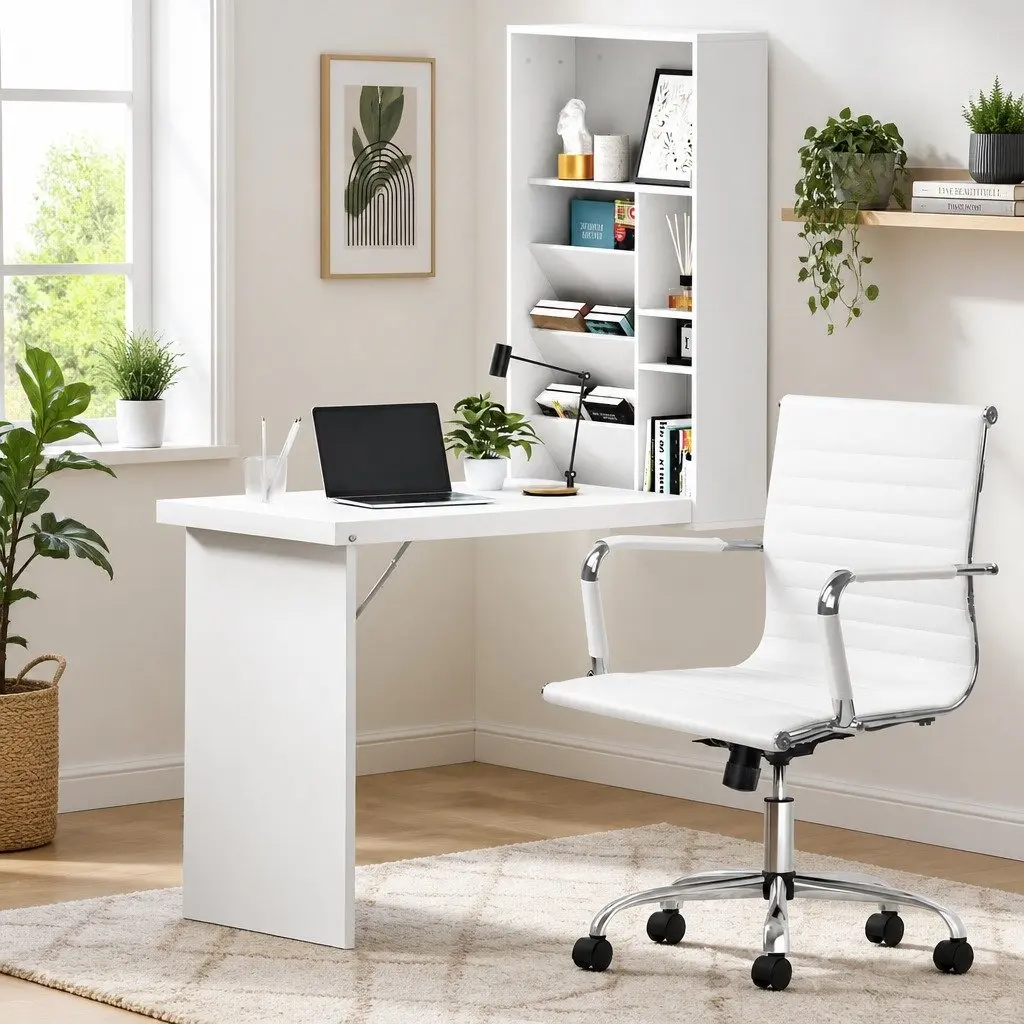 Foldable Computer Desk with Wall Mounted Storage and Office Chair Set White
