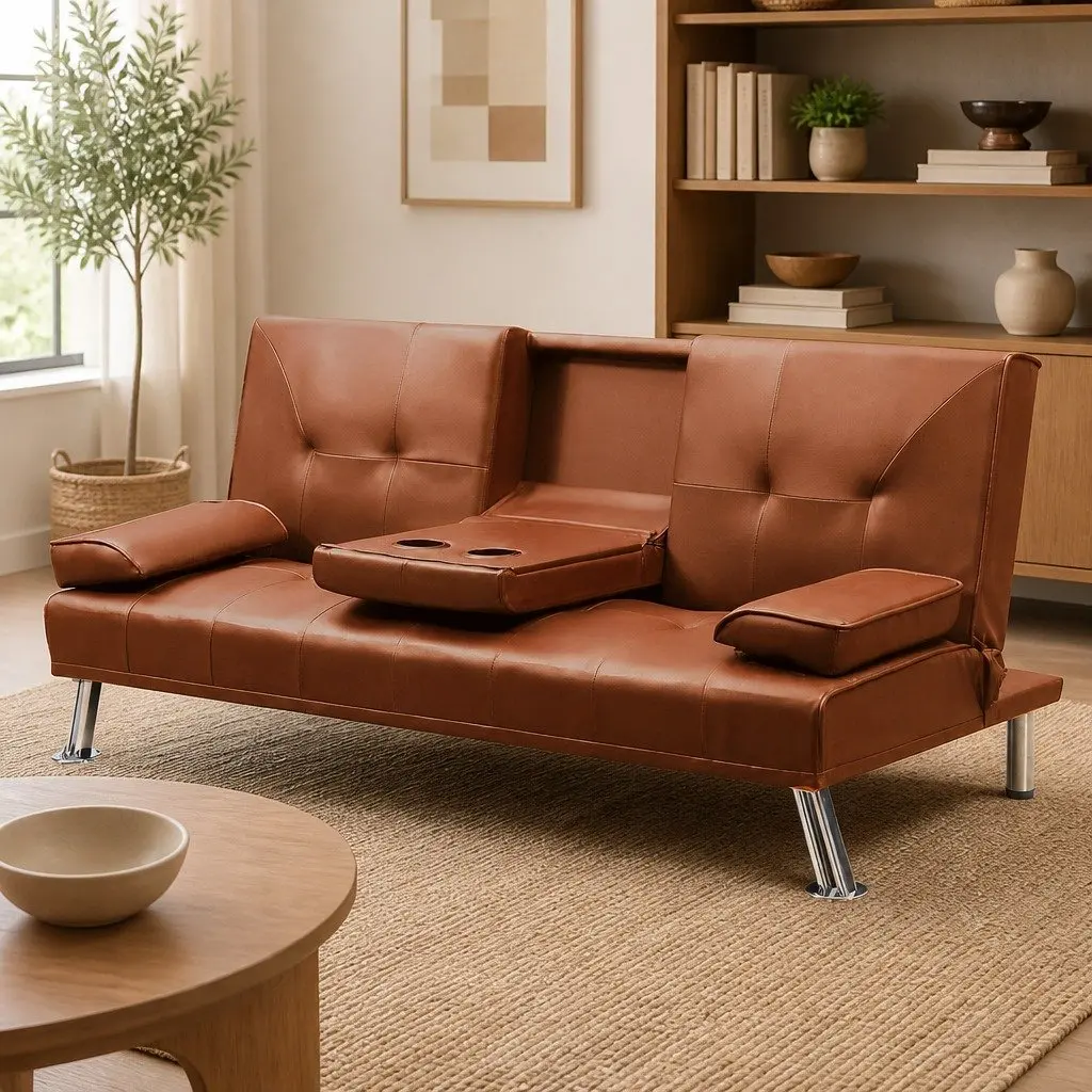 Adjustable 3-Seater Sofa Bed Recliner Foldable Brown with Cup Holder for Living Room and Bedroom