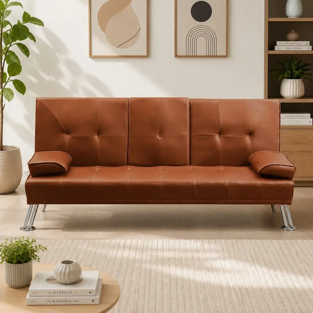 Adjustable 3-Seater Sofa Bed Recliner Foldable Brown with Cup Holder for Living Room and Bedroom