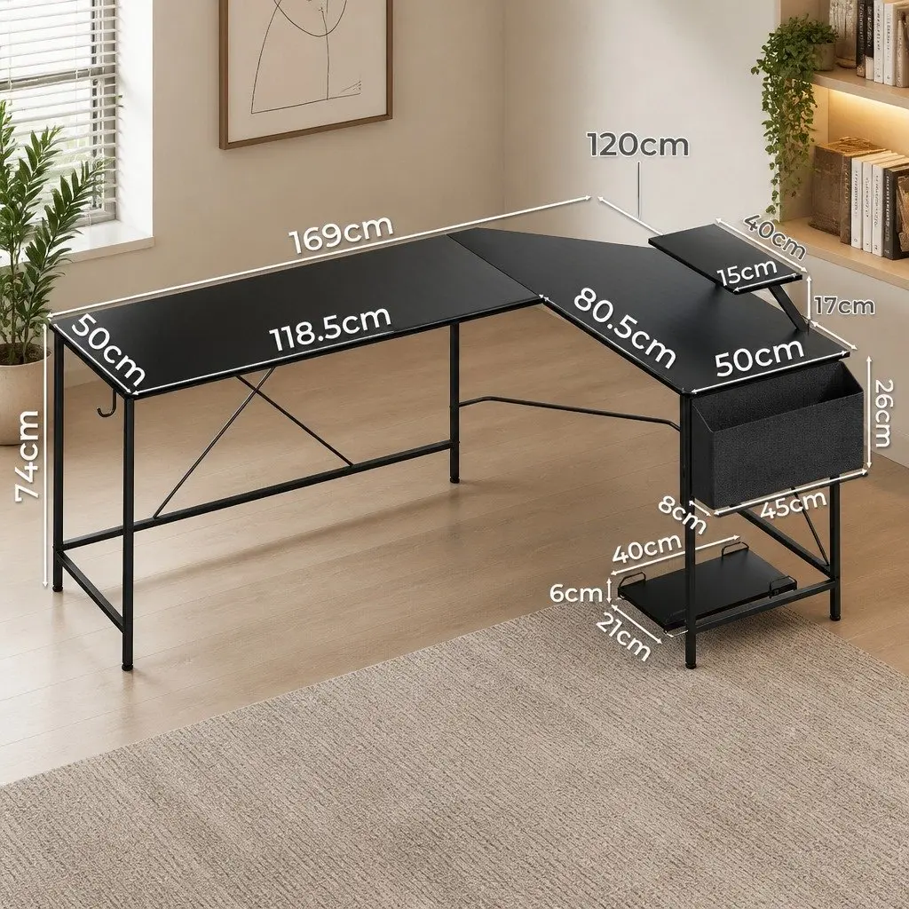 L Shaped Desk with Ergonomic Monitor Stand and CPU Storage Black Corner Workstation