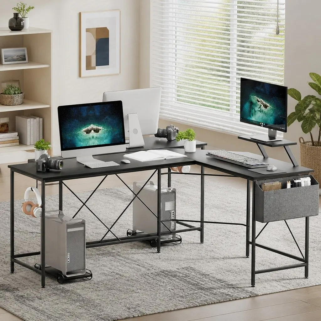 L Shaped Desk with Ergonomic Monitor Stand and CPU Storage Black Corner Workstation