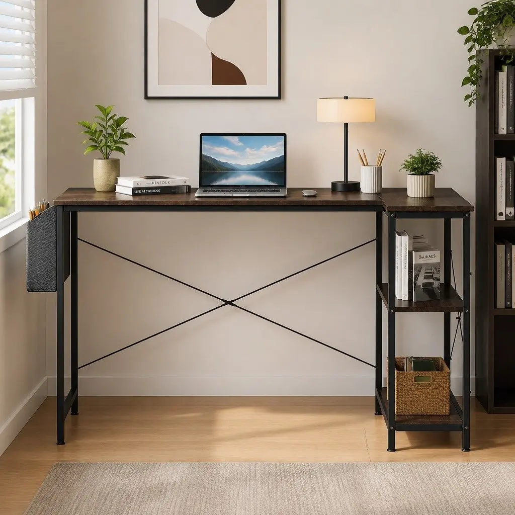 L Shaped Desk Reversible Adjustable Height Brown 120cm x 80cm Home Office Workstation