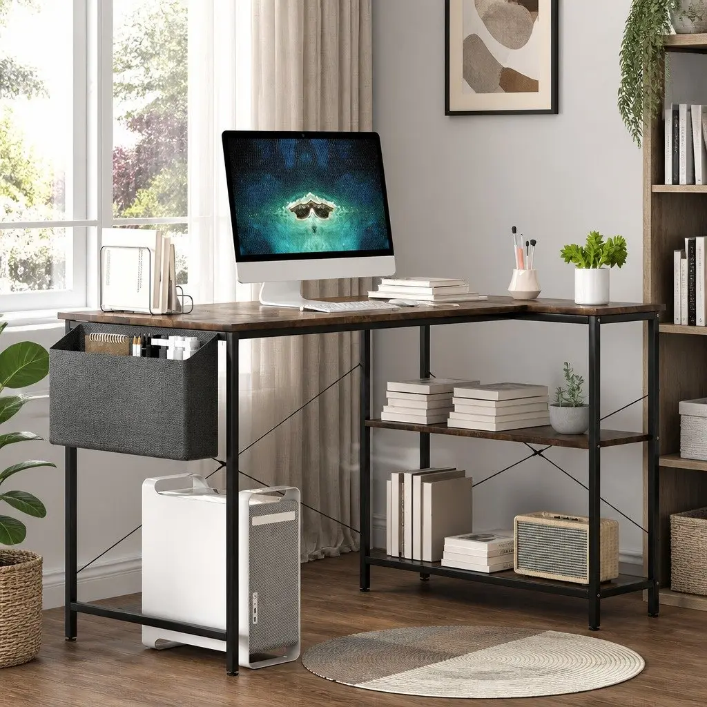 L Shaped Desk Reversible Adjustable Height Brown 120cm x 80cm Home Office Workstation