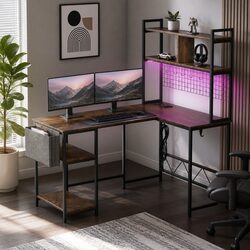 L Shaped Gaming Desk with RGB LED, Industrial Style