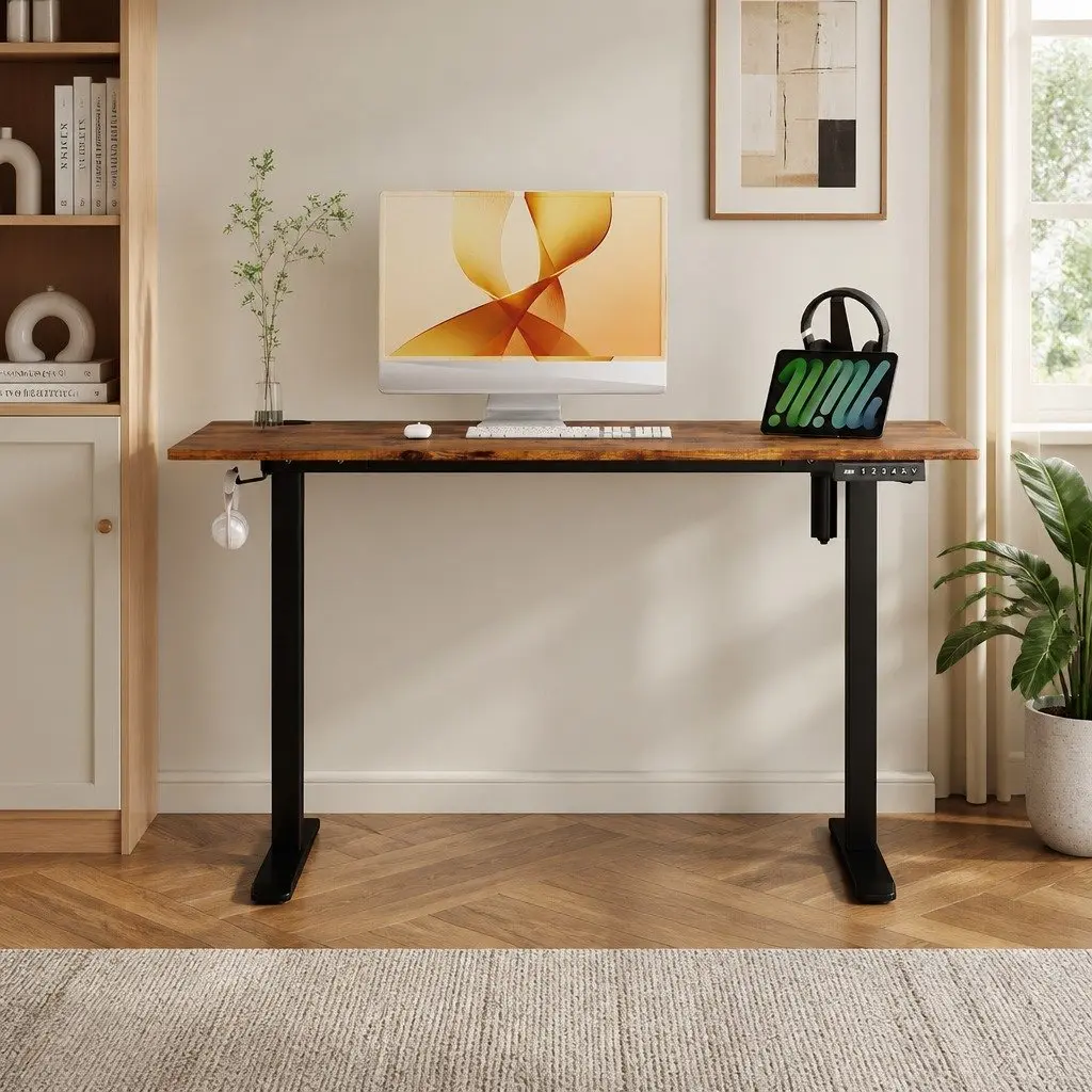 Electric Desk Vintage Oak Dual Panel Height Adjustable Motorised 120cm Sit Stand Office Storage