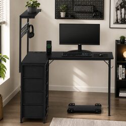 L-Shaped Desk with Power Outlets and LED Lights