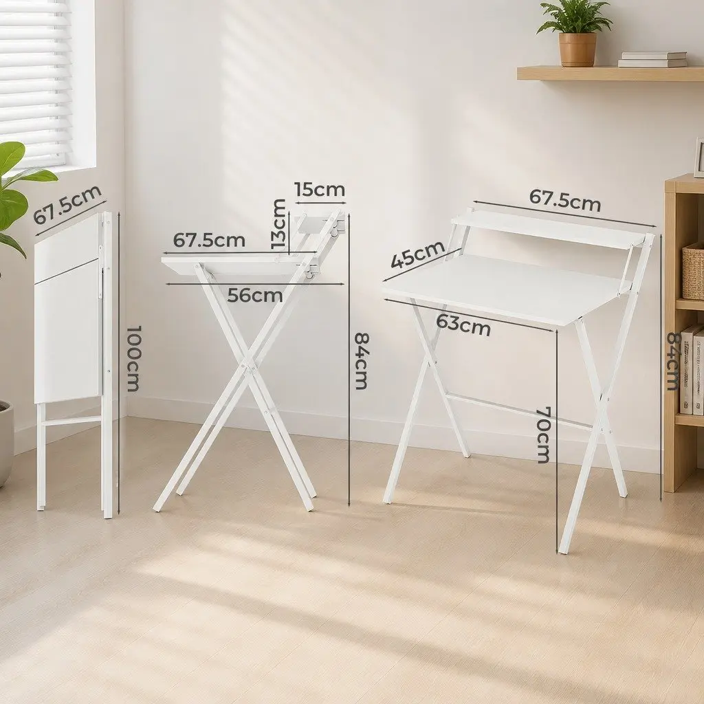 Foldable Computer Desk Space Saving Integrated Monitor Shelf White 67.5 x 45 x 84 cm