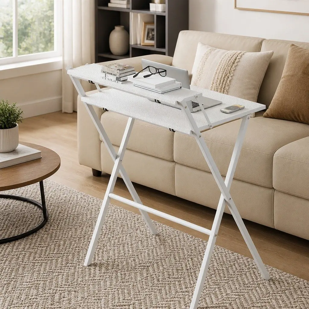 Foldable Computer Desk Space Saving Integrated Monitor Shelf White 67.5 x 45 x 84 cm