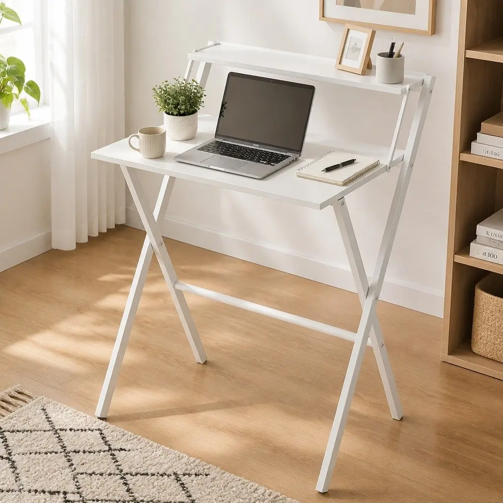Foldable Computer Desk Space Saving Integrated Monitor Shelf White 67.5 x 45 x 84 cm