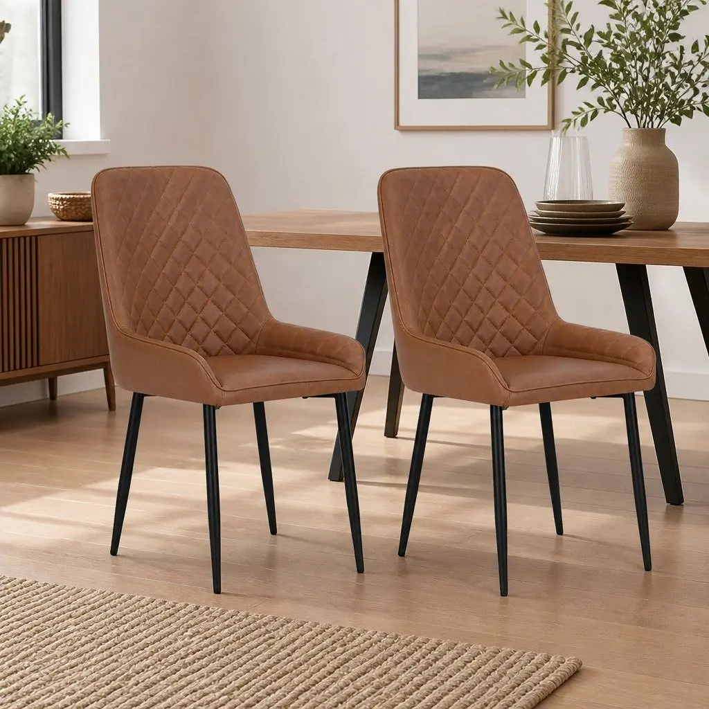Dining Chairs Retro PU Leather Ergonomic Curved Support Padded Seat Brown
