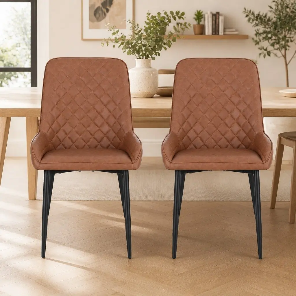 Dining Chairs Retro PU Leather Ergonomic Curved Support Padded Seat Brown