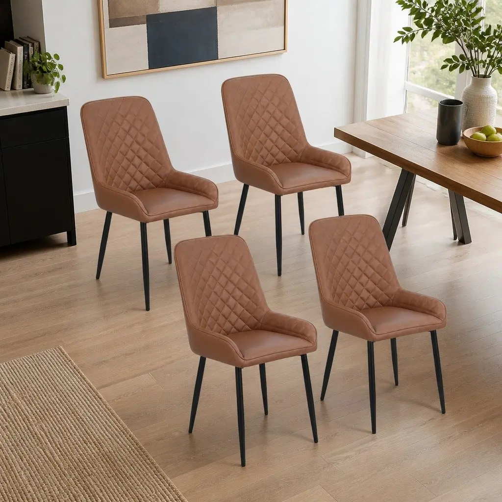 Dining Chairs Retro Ergonomic Brown PU Leather Padded Seat Metal Legs Set of 4