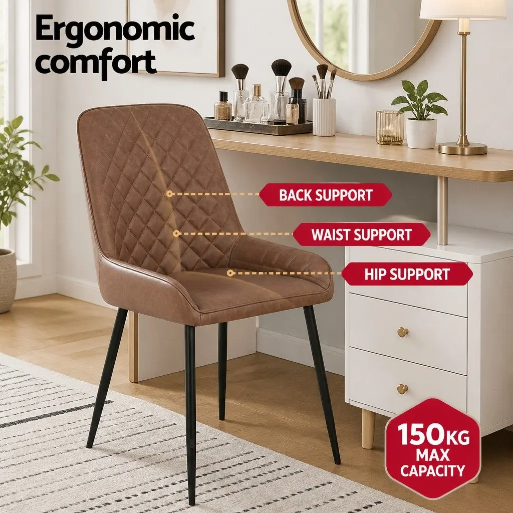 Dining Chairs Retro Ergonomic Brown PU Leather Padded Seat Metal Legs Set of 4