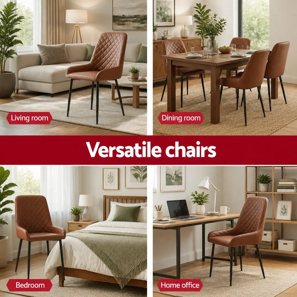 Dining Chairs Retro Ergonomic Brown PU Leather Padded Seat Metal Legs Set of 4