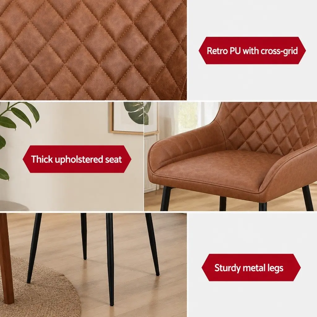 Dining Chairs Retro Ergonomic Brown PU Leather Padded Seat Metal Legs Set of 4