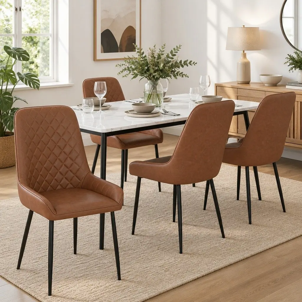 Dining Chairs Retro Ergonomic Brown PU Leather Padded Seat Metal Legs Set of 4