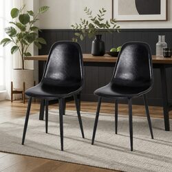Set of 2 Black PU Leather Dining Chairs with Metal Legs