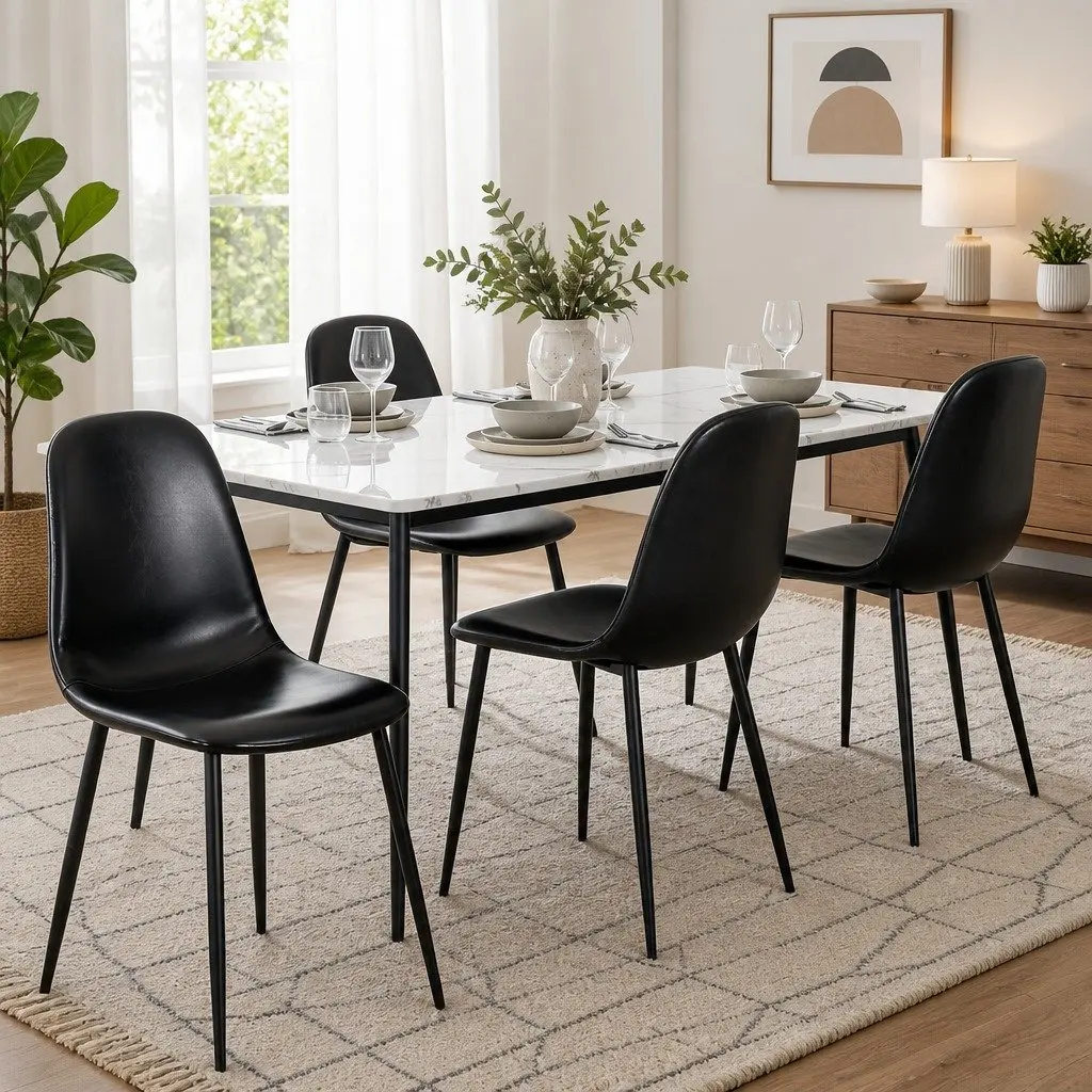 Dining Chairs Retro Ergonomic Curved Support Padded Seat Black 4 Piece