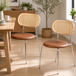 Dining Chairs Set of 2 with Rattan Backrest and Metal Legs