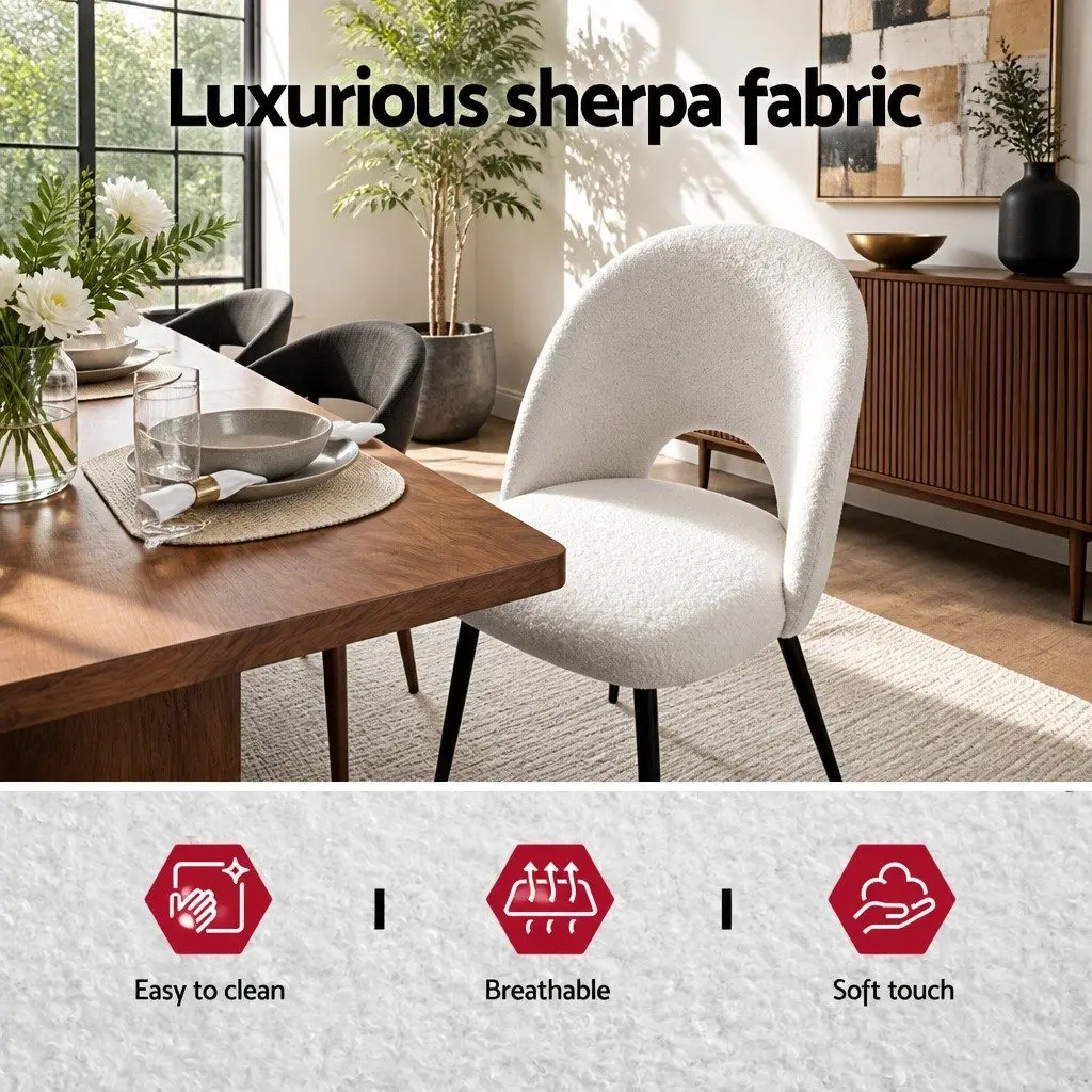 Dining Chair Sherpa Upholstery Ergonomic Curved Backrest White 2 Piece