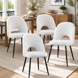 Dining Chairs Set of 4 with Curved Backrest in White Sherpa Fabric