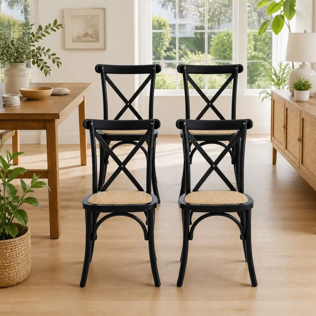Dining Chairs Ergonomic Rattan Seat Wooden Frame Black 4 Piece