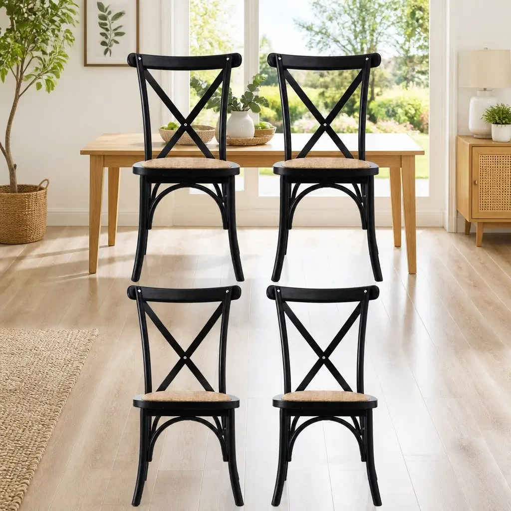 Dining Chairs Ergonomic Rattan Seat Wooden Frame Black 4 Piece