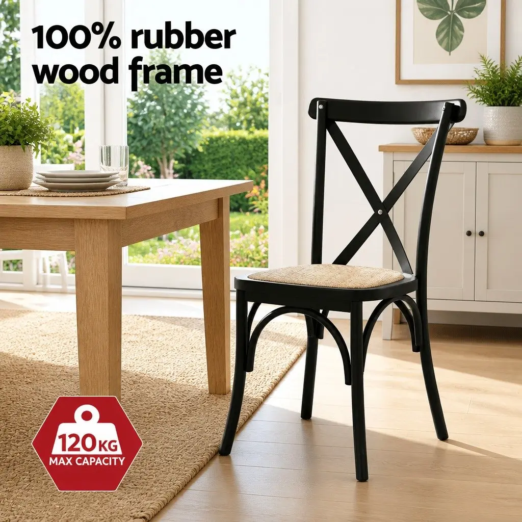 Dining Chairs Ergonomic Rattan Seat Wooden Frame Black 4 Piece