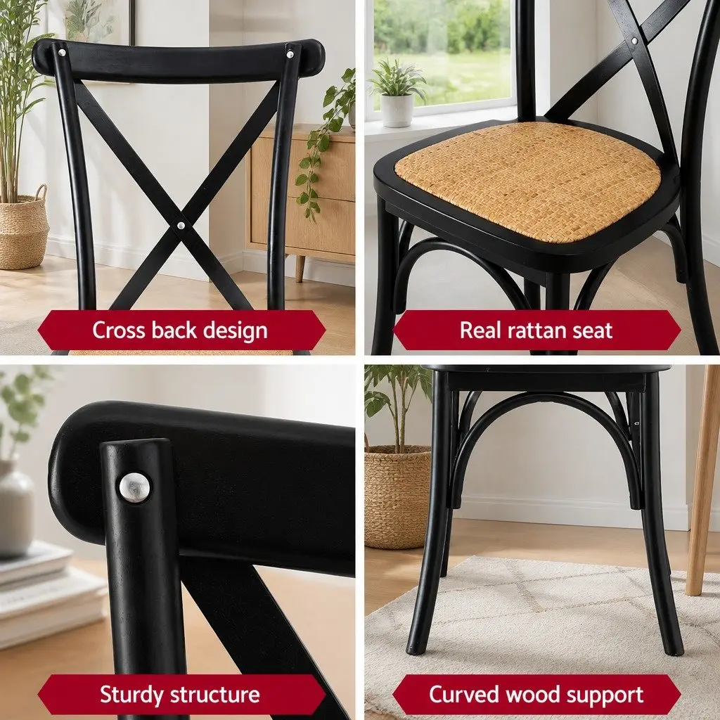 Dining Chairs Ergonomic Rattan Seat Wooden Frame Black 4 Piece