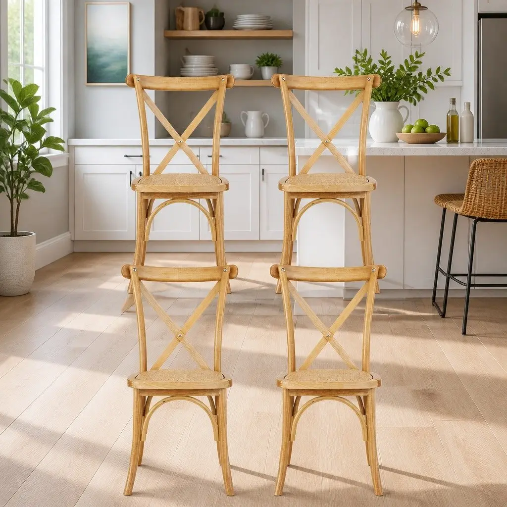 Dining Chairs Ergonomic Rattan Seat Rubber Wood Frame Natural 4 Piece