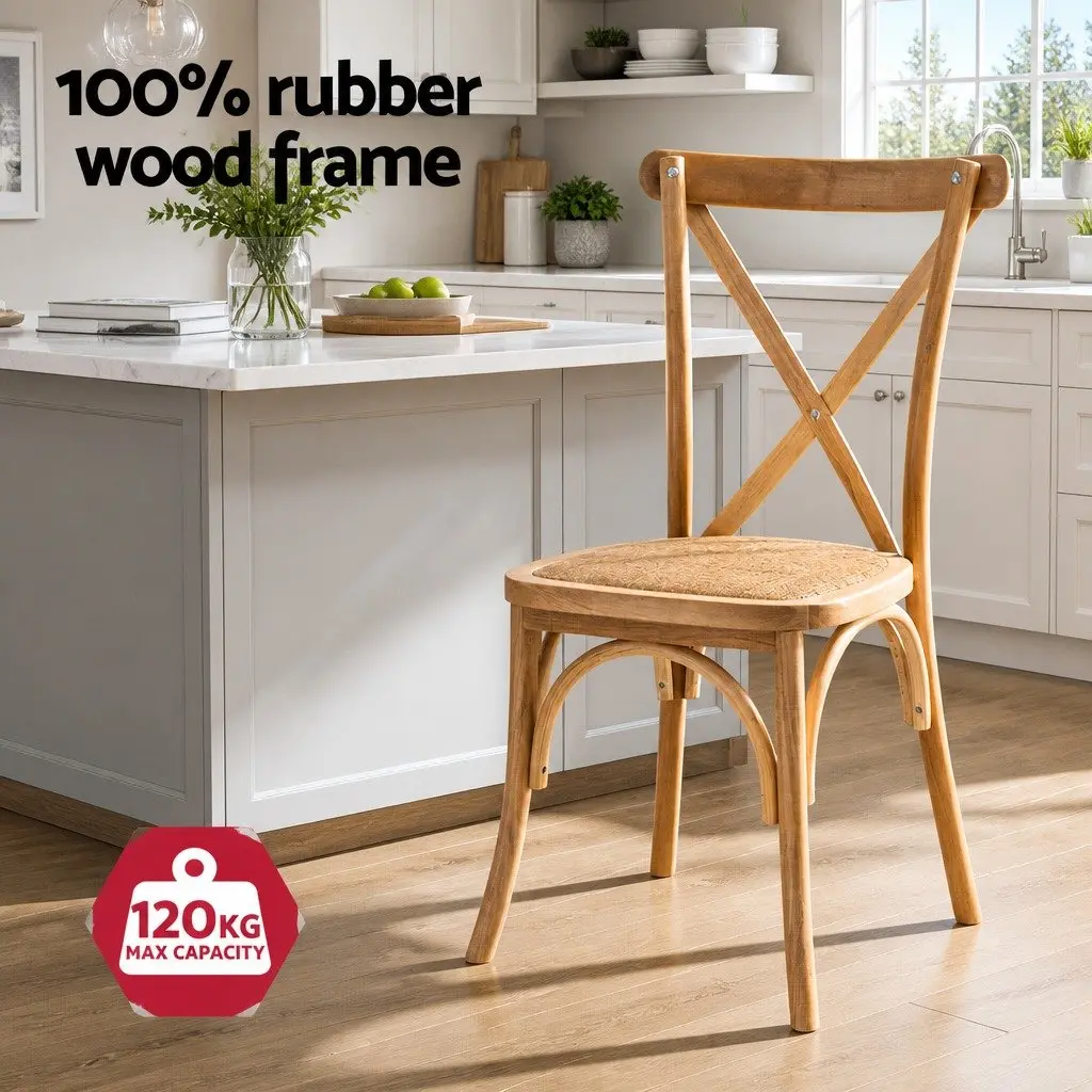 Dining Chairs Ergonomic Rattan Seat Rubber Wood Frame Natural 4 Piece