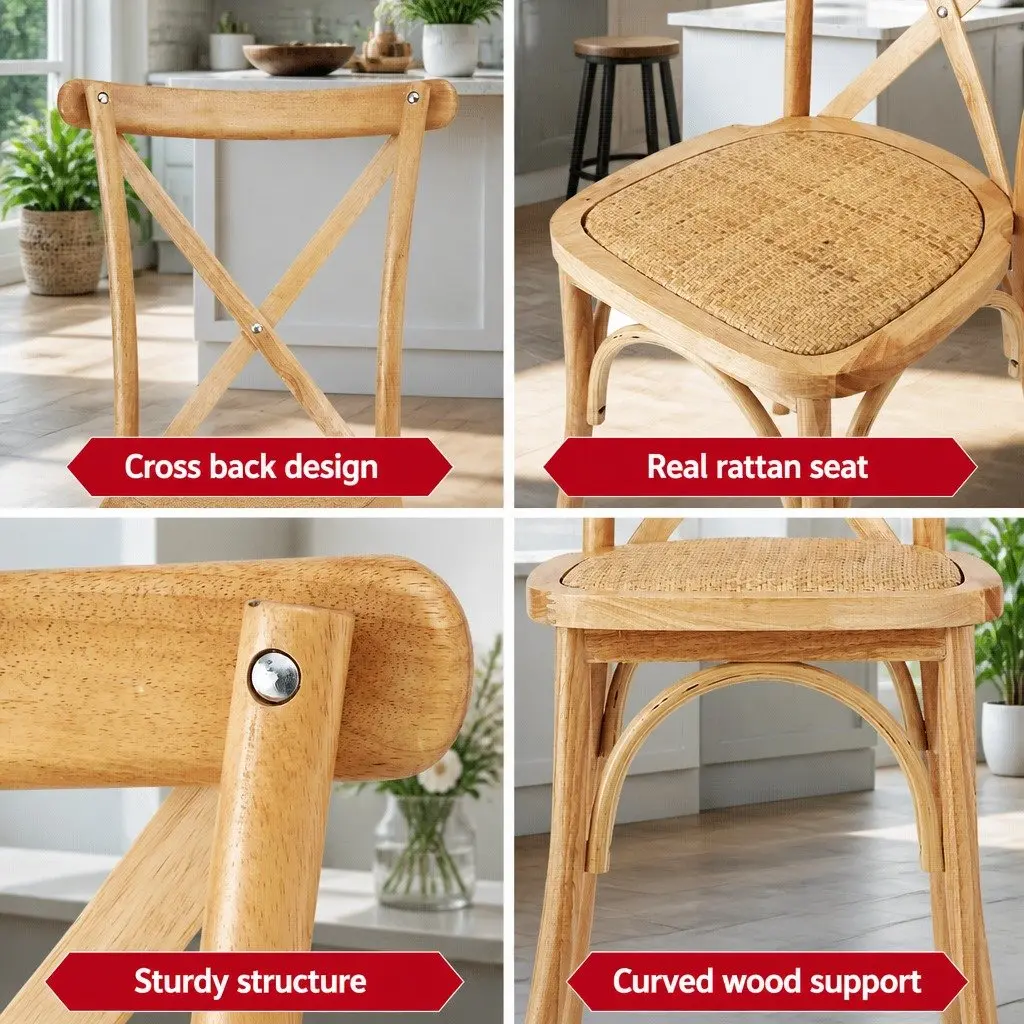 Dining Chairs Ergonomic Rattan Seat Rubber Wood Frame Natural 4 Piece