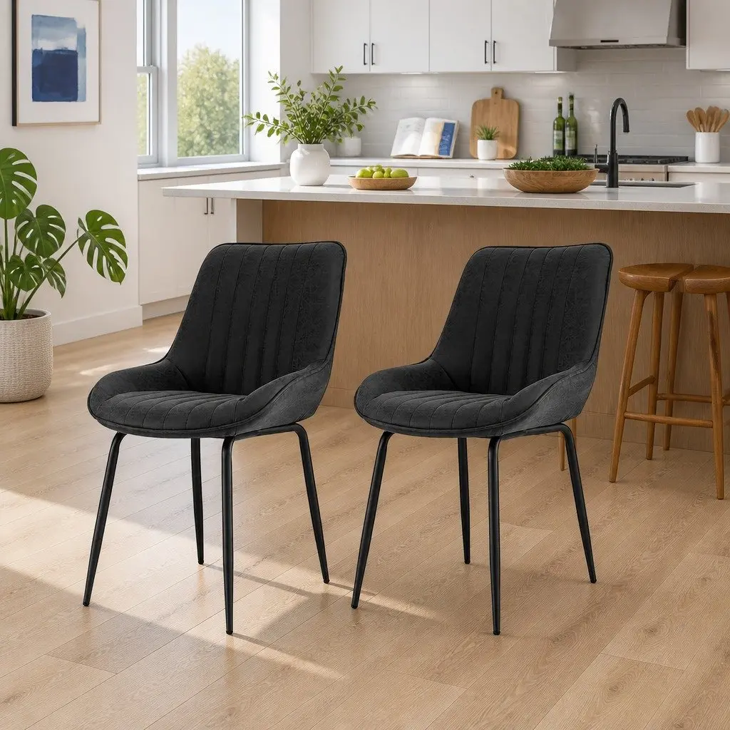 Dining Chairs Retro Comfort Set of 2 Black PU Leather with Metal Legs