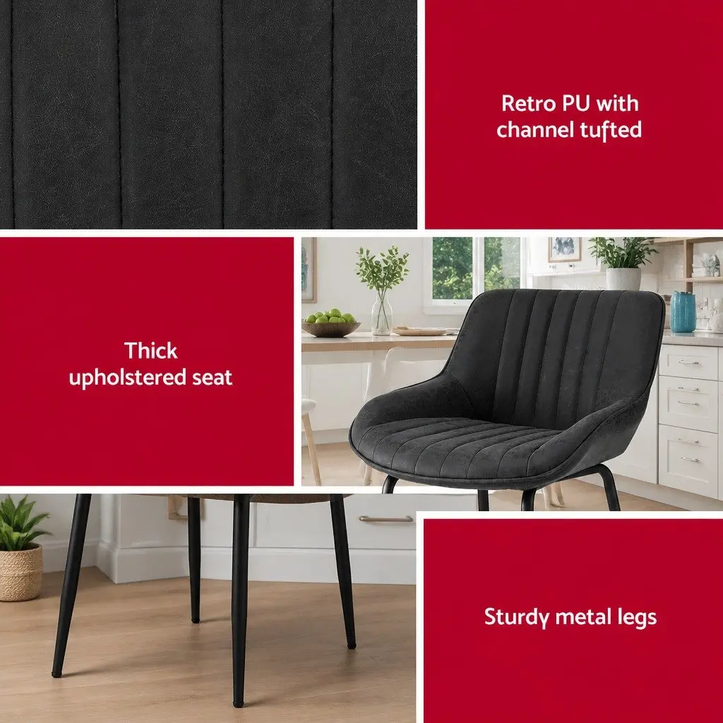 Dining Chairs Retro Comfort Set of 2 Black PU Leather with Metal Legs