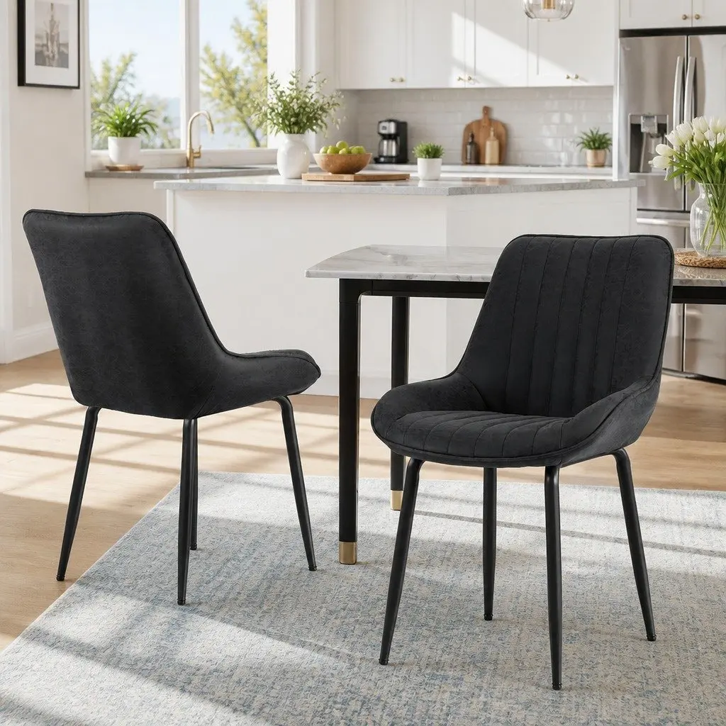 Dining Chairs Retro Comfort Set of 2 Black PU Leather with Metal Legs
