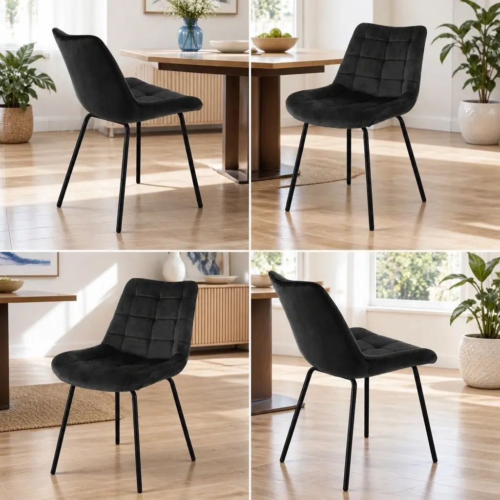 Dining Chairs Velvet Tufted Ergonomic Curved Backrest Padded Seat Black Set of 4