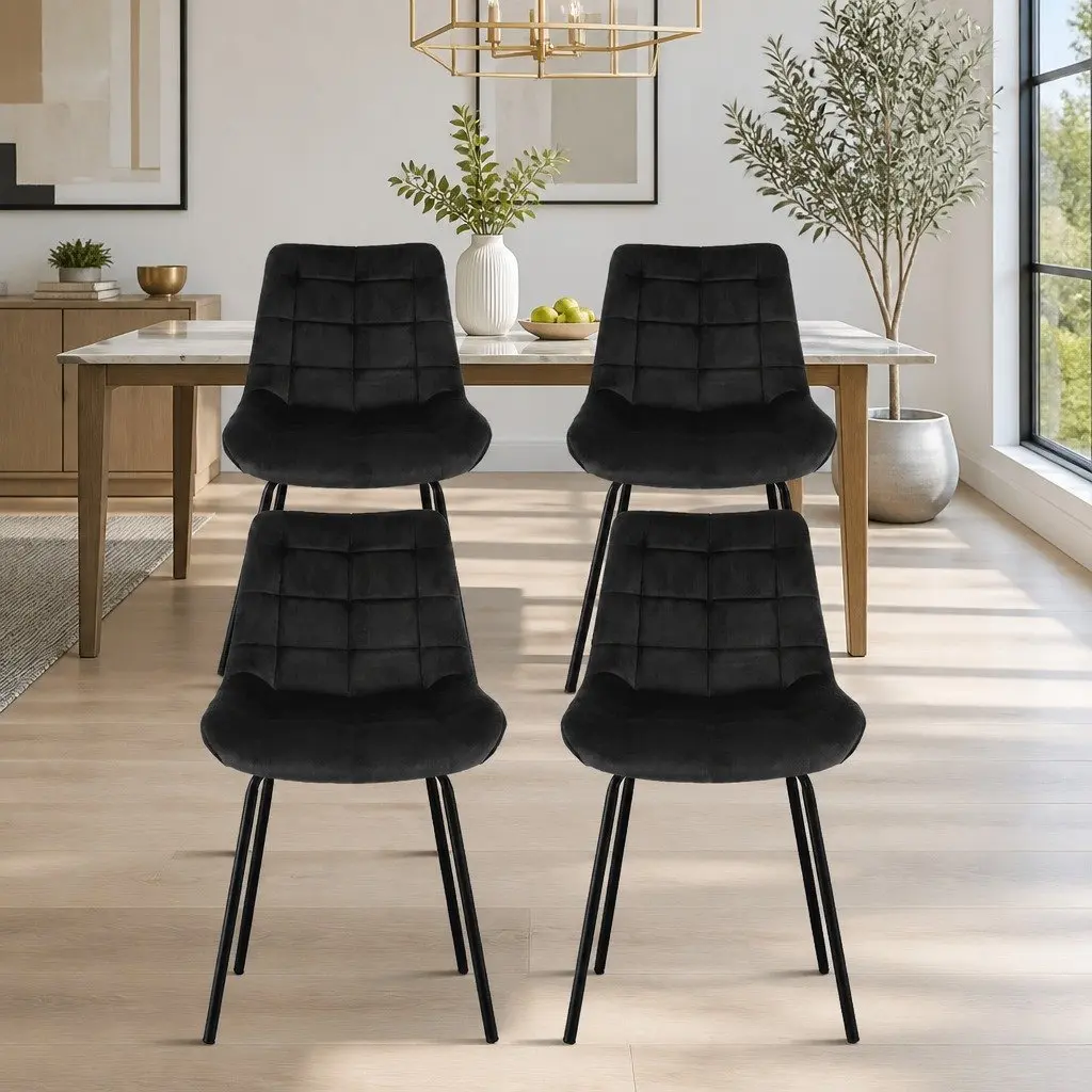Dining Chairs Velvet Tufted Ergonomic Curved Backrest Padded Seat Black Set of 4