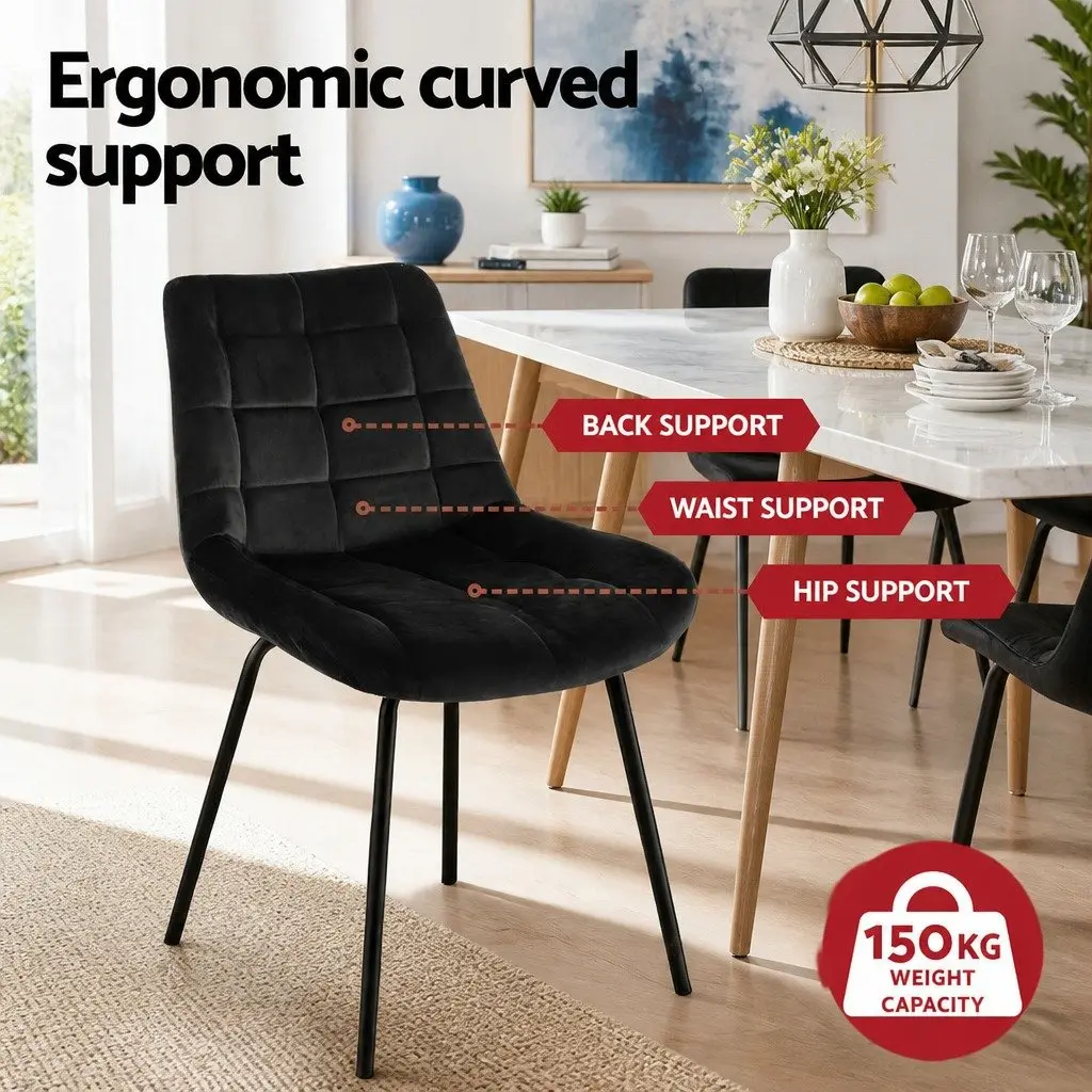 Dining Chairs Velvet Tufted Ergonomic Curved Backrest Padded Seat Black Set of 4
