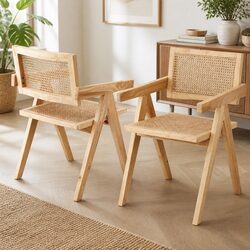 Wooden Rattan Seat Dining Chair with Rubber Frame