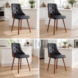 4 Dining Chairs in Black PU Leather with Diamond Tufting