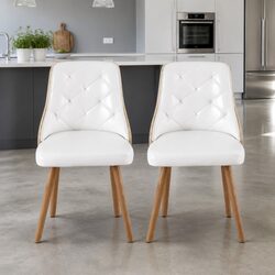 2 Dining Chairs White PU Leather with Diamond Tufting