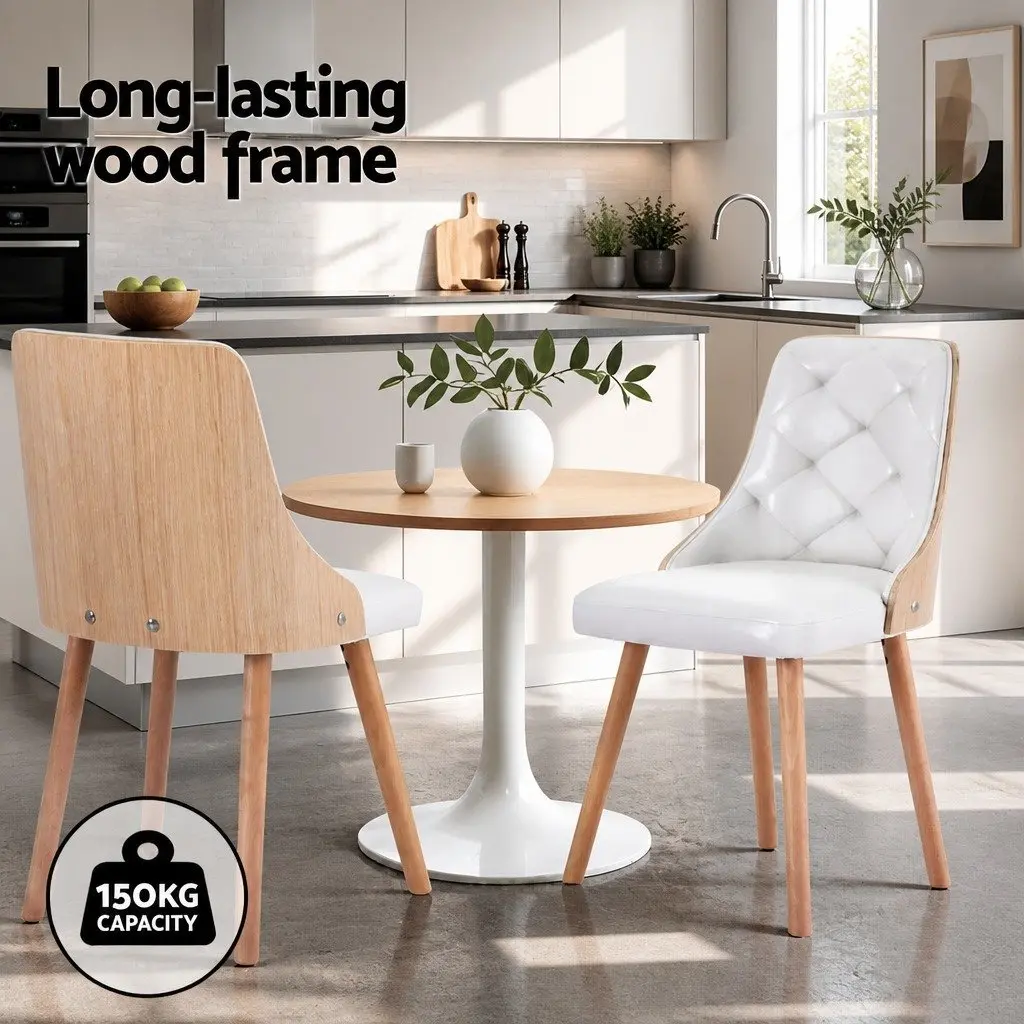 Dining Chairs Set of 2 Foam Padded White PU Leather Diamond Tufted