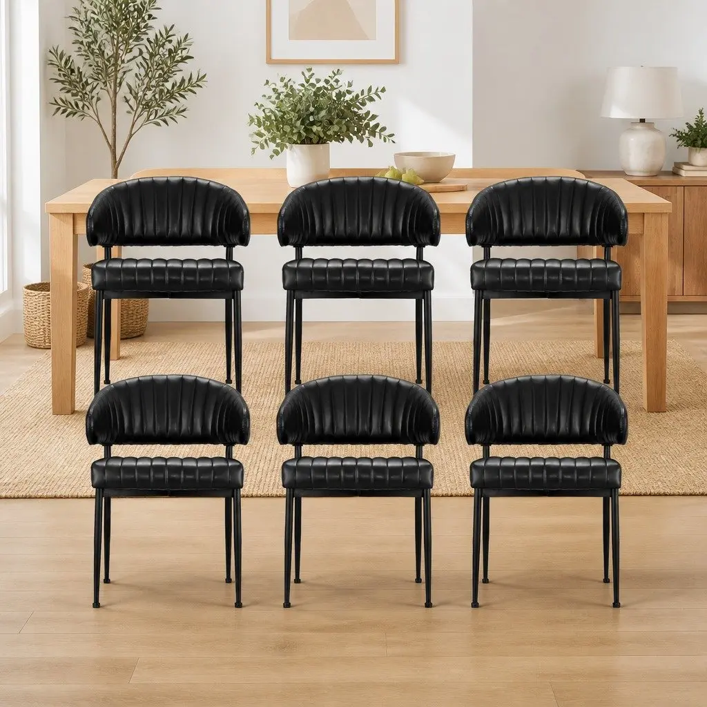 Dining Chairs Padded Cushion Set of 6 Black Leather Kitchen Armchair