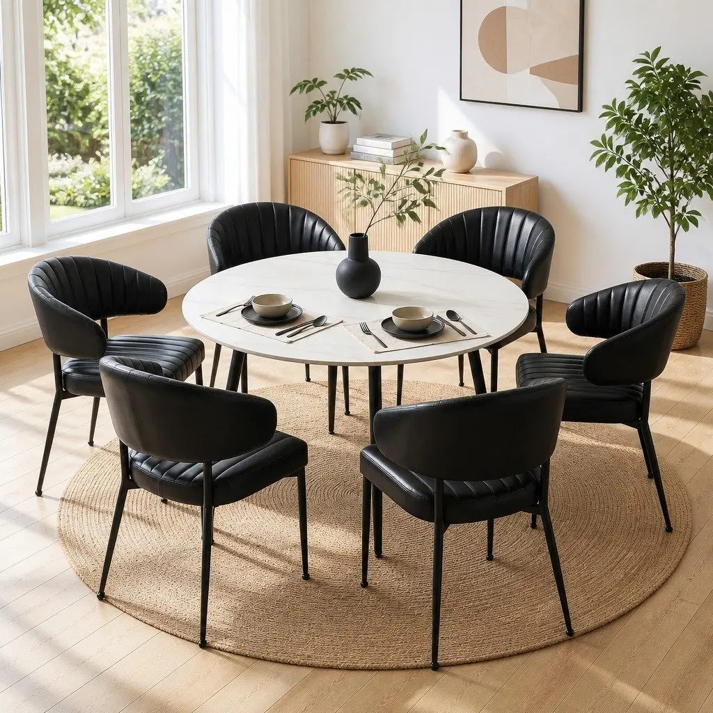 Dining Chairs Padded Cushion Set of 6 Black Leather Kitchen Armchair